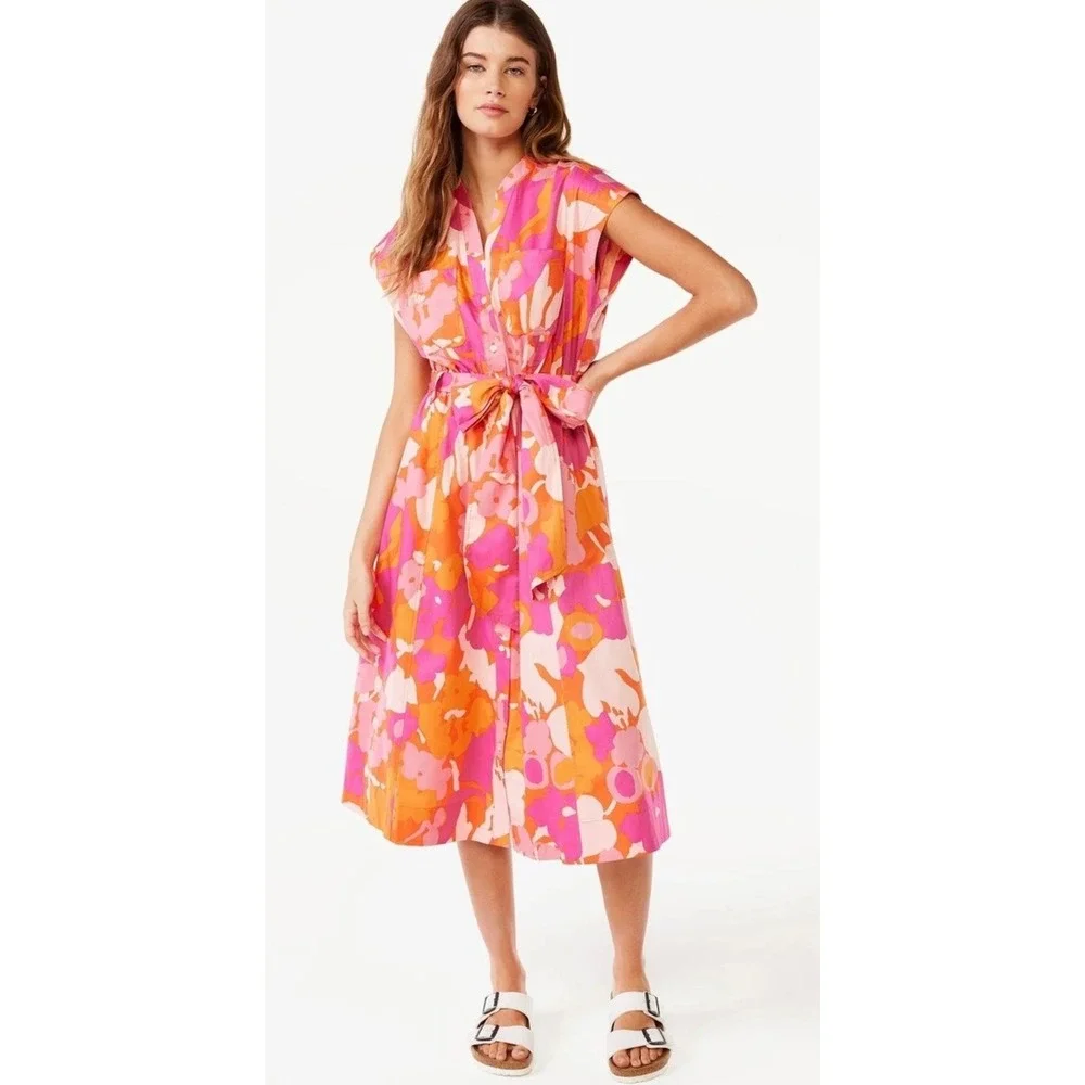 Free Assembly Pink Belted Midi Shirt dress, size large - Picture 1 of 4